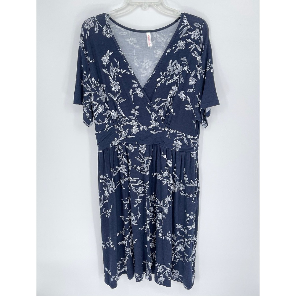 WEACZZY‎ Women's Navy-Blue Floral Faux Wrap V-Neck Short Sleeve Dress Size 2XL